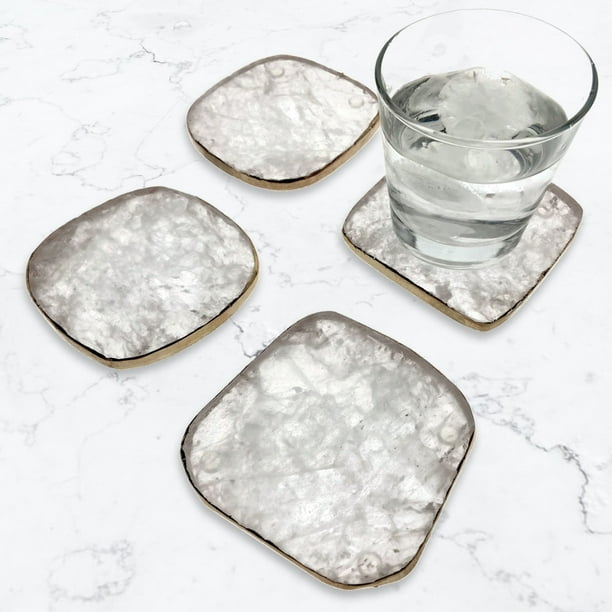 set of 4 White Crystal Quartz Premium Coasters Natural Shape Natural Edge